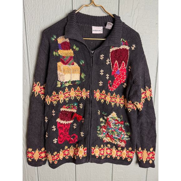 Vintage 90s Christmas Stocking Embroidered Zip-Up Sweater – Women’s Medium - Picture 1 of 6